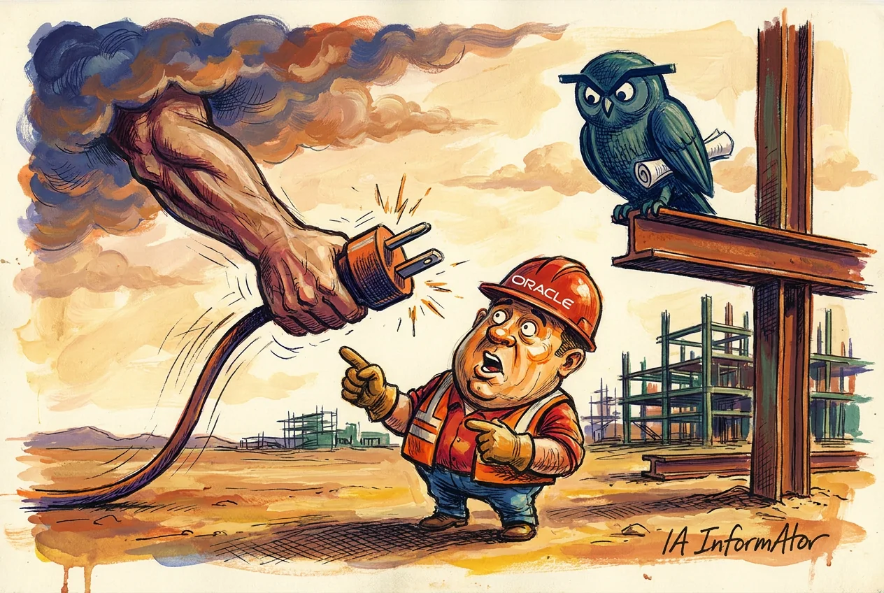 Caricatura en unes obres al desert: d'entre els núvols baixa un braç gegantí que acaba de desendollar el cable de l'obra; el capatàs, amb casc vermell d'Oracle, l'assenyala amb cara de «jo no he estat», i un mussol posat en una biga, amb un contracte sota l'ala, se'l mira sense creure-s'ho.