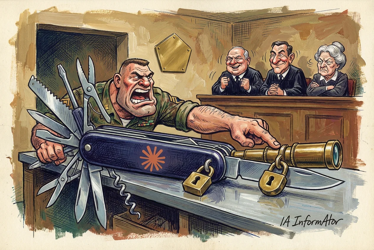 Caricatura en una sala de tribunal: un sergent crida i assenyala una navalla multiusos gegant, blau marí i amb l'estrella de Claude al mànec, oberta en ventall tret de la fulla i la ullera, tancades amb dos cadenats; al fons, dos jutges ho celebren i una jutgessa ho nega amb els braços plegats.