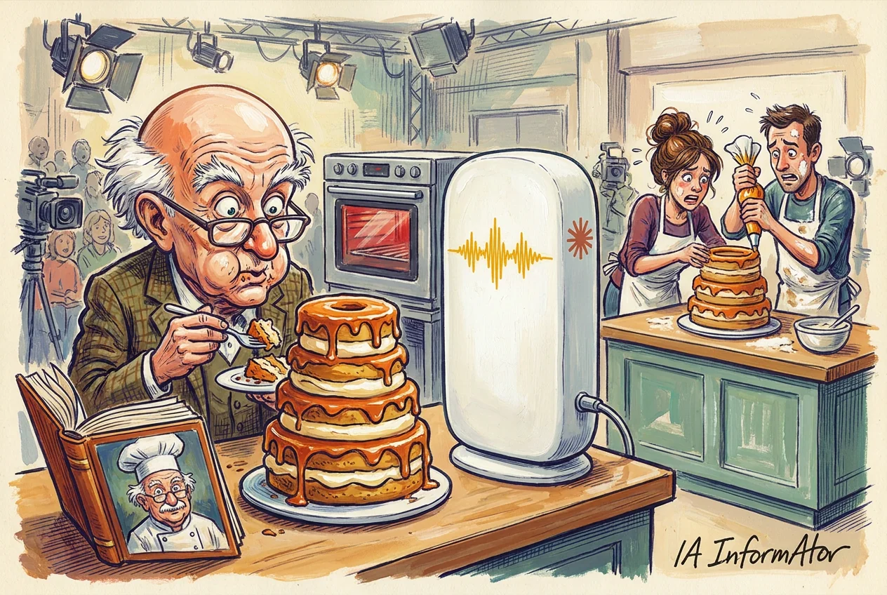 Caricatura en un plató de concurs de rebosteria: un jutge calb i amb ulleres tasta, sorprès, un pastís altíssim d'anelles glacejades que presenta un aparell blanc amb una ona pintada i l'estrella de Claude; al costat, un receptari amb el seu propi retrat a la tapa, i al taulell del darrere dos concursants enllesteixen a corre-cuita un pastís gairebé igual.