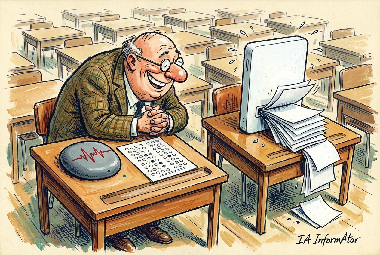 Caricatura en una aula d'examen: un examinador somrient s'inclina sobre un pupitre on un còdol gris amb una ona vermella pintada ja ha lliurat el seu full tipus test, amb un cercle omplert per fila; al pupitre del costat, un aparell de xat sua tinta mentre escup folis i més folis.