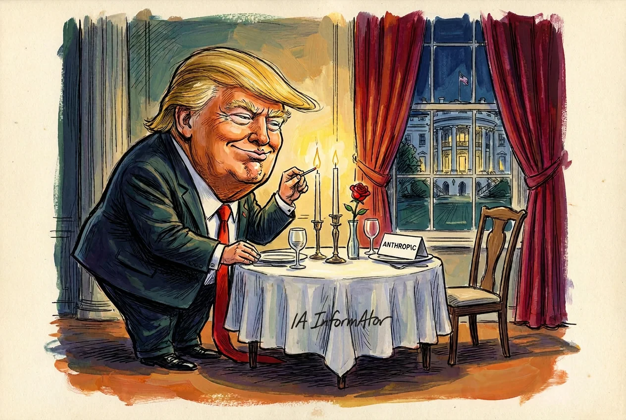 Caricatura: en un menjador de la Casa Blanca, amb cortines vermelles i la façana il·luminada darrere la finestra, Donald Trump, somrient, encén amb un llumí les espelmes d'una taula per a dos amb estovalles blanques, una rosa vermella i dues copes; al plat del davant hi espera una targeta amb el nom d'Anthropic i, al costat, una cadira buida.