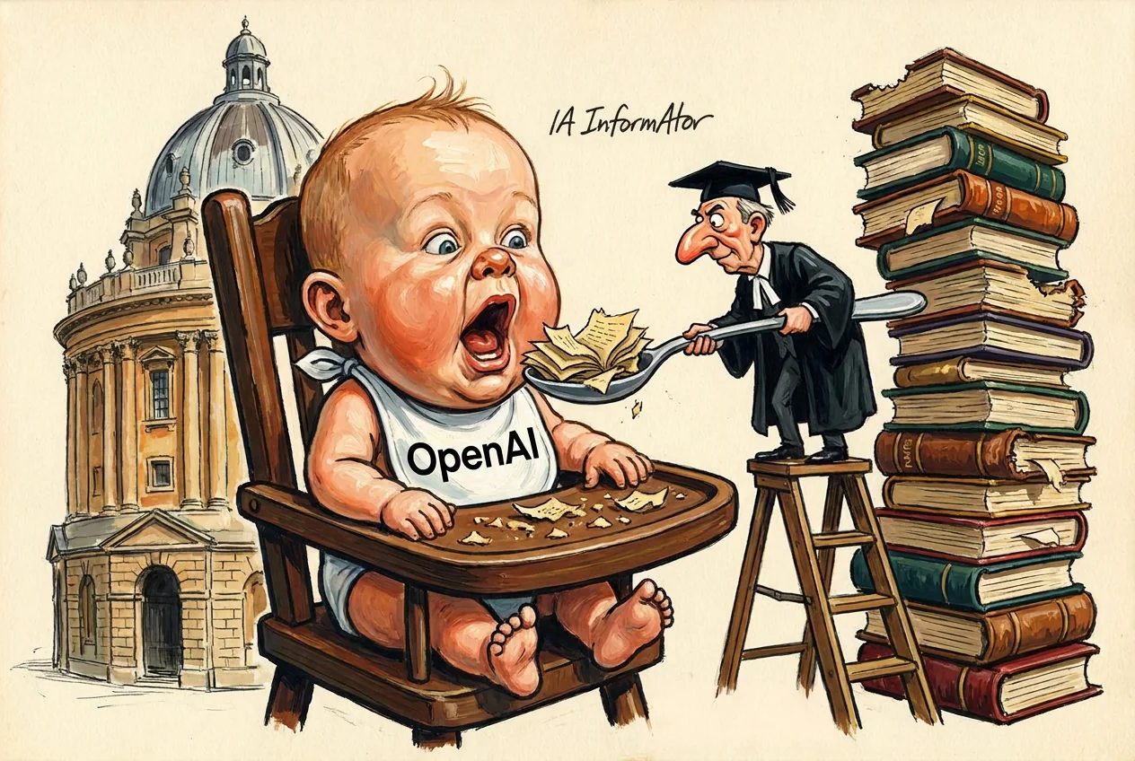 Caricatura: amb la Radcliffe Camera d'Oxford al fons, un nadó gegant assegut en una trona, amb un pitet d'OpenAI, obre la boca mentre un professor diminut amb toga i birret, enfilat a una escala, li dona menjar amb una cullera plena de pàgines groguenques; a l'esquena hi espera una torre de llibres antics.