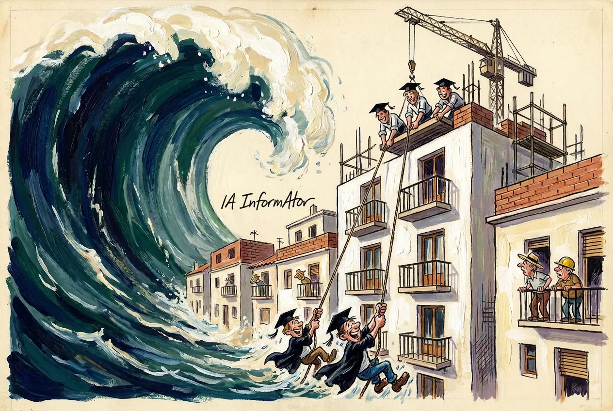 Caricatura: una onada gegant s'alça sobre un passeig marítim; l'edifici de primera línia, el més a prop de l'aigua, és l'únic que continua creixent, amb una grua i joves titulats amb birret que estiren cordes des del terrat i s'hi enfilen per afegir-hi plantes, mentre des del balcó de la casa del costat dos veïns grans el miren amb recel.