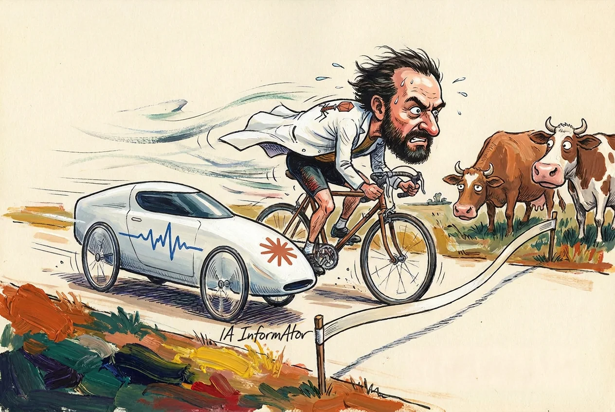 Caricatura: un científico barbudo, con bata blanca sobre el culote, pedalea sudando y con cara de apuro hacia la cinta de meta; pegado a su rueda, un coche blanco aerodinámico con la estrella de Claude y una onda azul pintadas aprovecha su estela para adelantarle, mientras dos vacas miran la escena desde el prado.