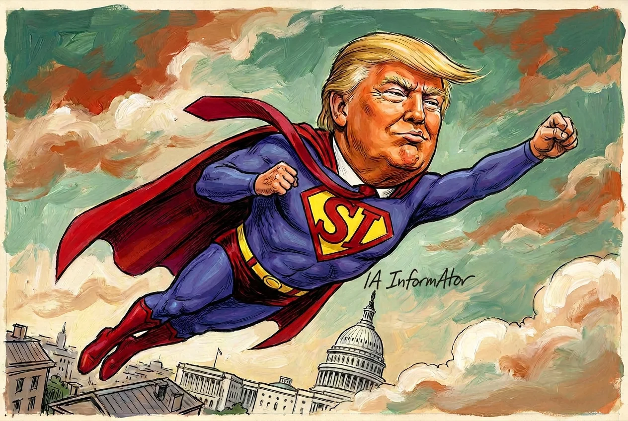 Caricatura de Donald Trump vestit de Superman, amb les lletres «SI» a l'escut del pit, volant amb el puny endavant sobre el Capitoli de Washington.