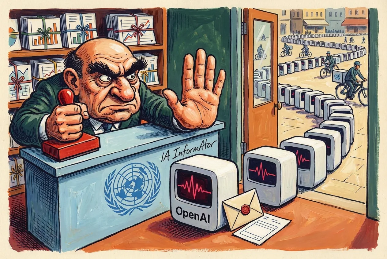 Caricatura: darrere d'un taulell blau amb l'emblema de l'ONU, un funcionari arrufat alça el palmell i empunya un segell de cautxú vermell, amb prestatges d'informes estadístics embolicats per a regal a l'esquena; davant seu, un aparell blanc amb la marca OpenAI deixa un sobre lacrat i, darrere, fins al carrer, s'allarga una cua interminable d'aparells idèntics mentre arriben més missatgers en bicicleta.