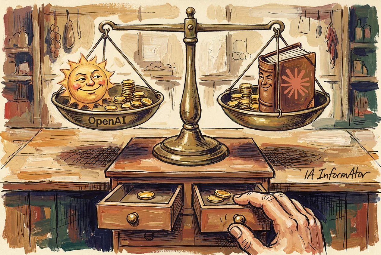 Ilustración de una balanza de latón perfectamente equilibrada sobre un mostrador: en un platillo, un sol sonriente con la palabra OpenAI y un montón de monedas; en el otro, un libro con la estrella de Claude y otro montón igual. Debajo, una mano abre dos cajones con una y dos monedas.