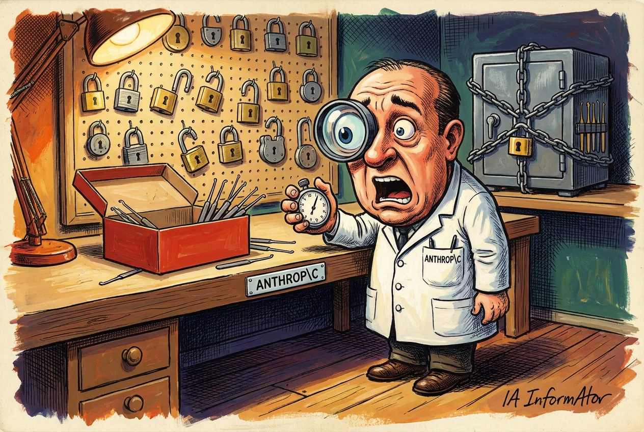 Caricatura de un examinador con bata marcada ANTHROP\C que, con una lupa en el ojo y un cronómetro en la mano, mira espantado cómo una caja roja de ganzúas ha abierto los candados de un panel de pruebas; al fondo, una caja fuerte envuelta en cadenas guarda sus propias herramientas.