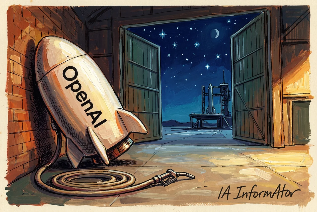 Ilustración de un cohete blanco con la palabra OpenAI aparcado en el rincón de un hangar, con el morro apoyado contra la pared de ladrillo como un niño castigado y la manguera de combustible desconectada en el suelo; por las puertas abiertas se ven el cielo estrellado y la plataforma de lanzamiento vacía.