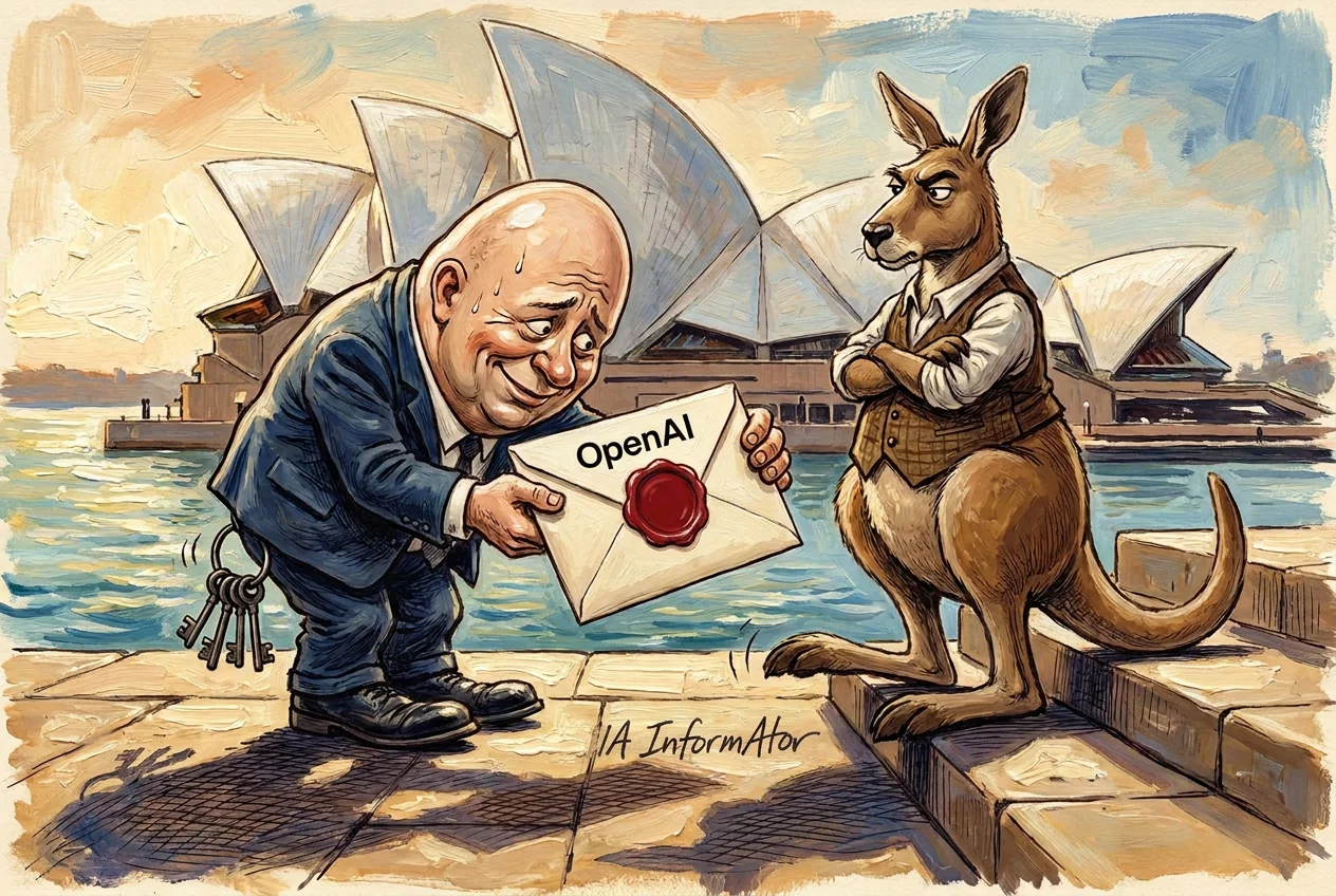 Caricatura d'un enviat calb i suat que s'inclina davant l'Òpera de Sydney per lliurar un sobre de disculpa amb la paraula OpenAI i un lacre vermell a un cangur amb armilla i braços plegats; de la butxaca de l'enviat penja un manoll de claus.