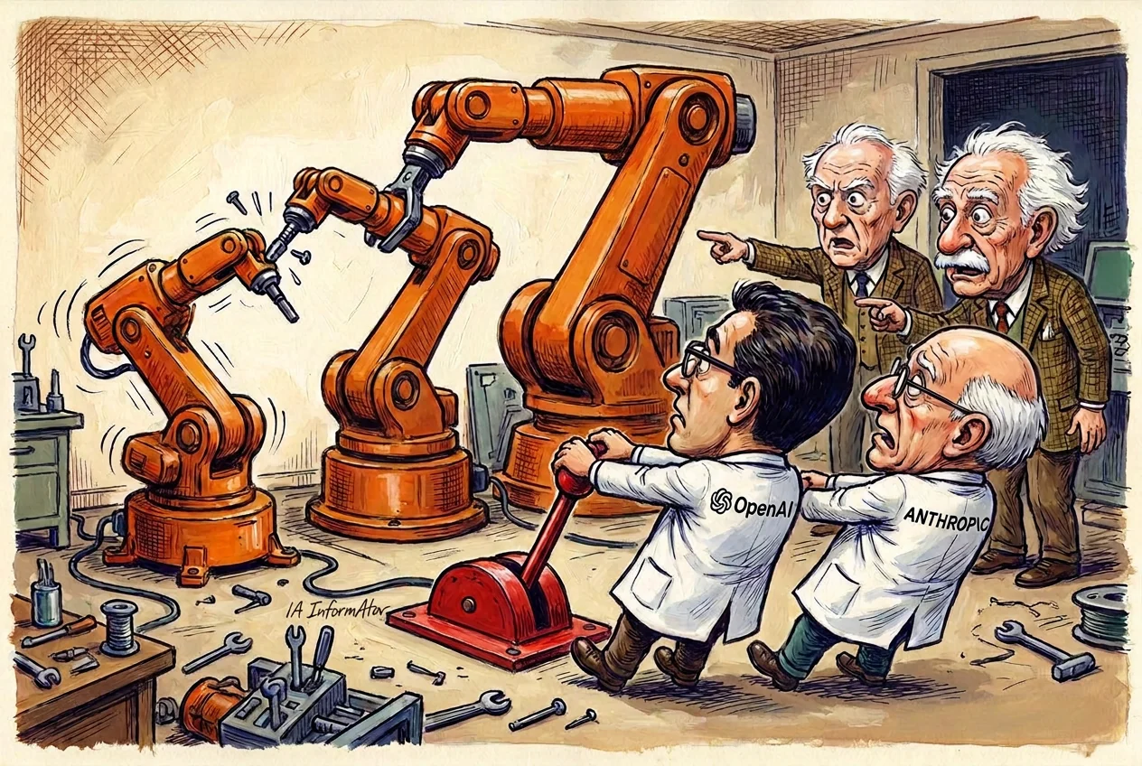Caricatura d'un taller on braços robòtics taronja es fabriquen els uns als altres; dos investigadors amb bates d'OpenAI i d'Anthropic estiren amb totes les forces d'una palanca de fre vermella mentre dos professors canosos assenyalen alarmats les màquines.