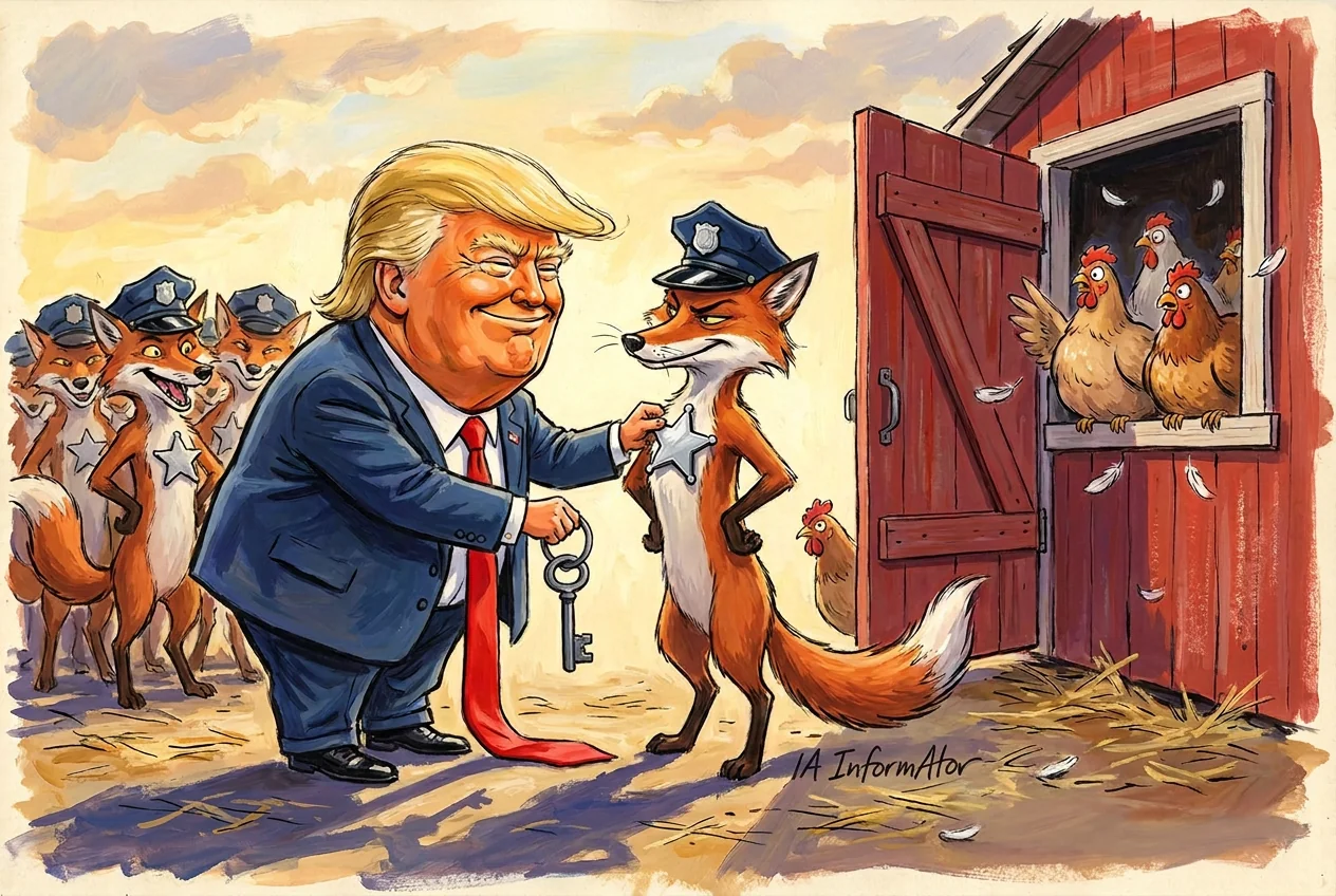 Caricatura de Donald Trump en un corral, somrient, posant una estrella de xèrif al pit d'una guineu amb gorra de policia mentre li lliura la clau del galliner; al darrere, més guineus uniformades es llepen els morros i, a la finestra del galliner obert, les gallines miren espantades.
