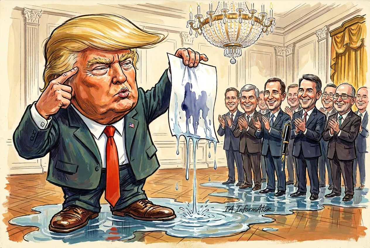 Caricatura de Donald Trump en un saló de la Casa Blanca, tocant-se la templa amb un dit mentre ensenya orgullós un full xopat que degota fins a formar un bassal als seus peus; a la dreta, una filera de directius encorbatats aplaudeix somrient amb les sabates dins l'aigua.