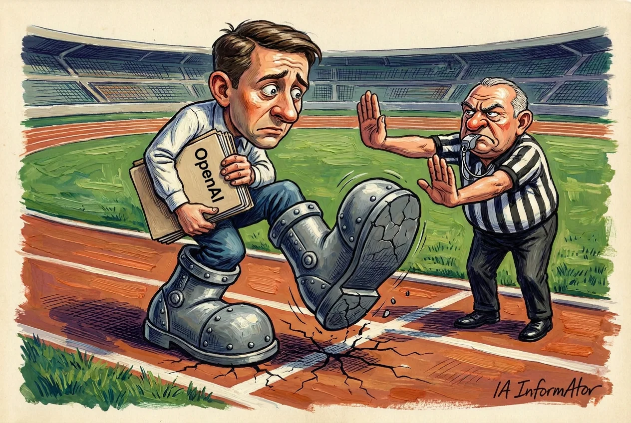 Caricatura d'un enginyer amb unes botes de plom gegants que esquerden la pista d'atletisme i un dossier amb la paraula OpenAI sota el braç; un àrbitre amb xiulet l'atura amb les dues mans a la línia de sortida.