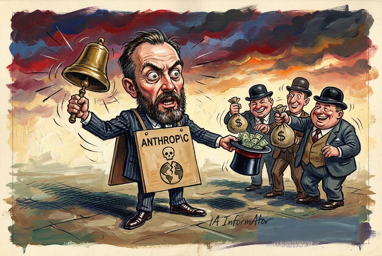 Caricatura d'un profeta de carrer amb vestit de ratlla diplomàtica i barba que toca una campana i porta penjat un cartell amb la paraula ANTHROP\C, una calavera i un globus terraqüi partit; amb l'altra mà allarga un barret de copa ple de bitllets a tres inversors somrients amb bombí i sacs de diners.