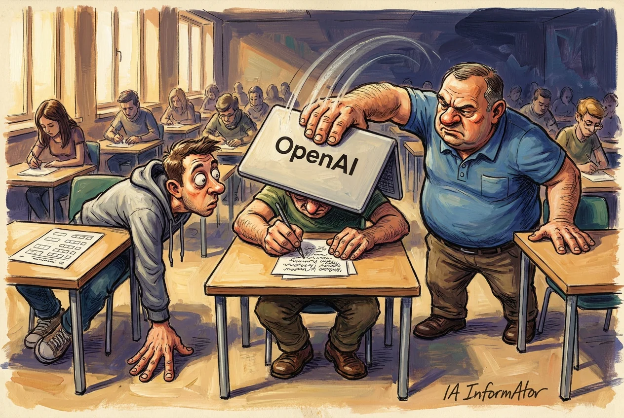 Caricatura d'una aula d'examen on un home corpulent amb polo blau abaixa un portàtil obert amb el rètol d'OpenAI sobre el cap d'un alumne que continua escrivint encorbat, mentre a l'esquerra un altre, amb dessuadora grisa i ulls desorbitats, s'estira recolzant una mà a terra per mirar; al fons, fileres d'estudiants examinant-se.