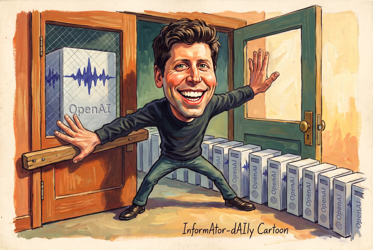 Cartoon of a double door — the left-hand leaf orange, with the OpenAI name on its glass panel; the right-hand leaf green and wide open — held by a man with an enormous head, a black jumper and his legs wide apart, who rests one hand on each leaf and grins from ear to ear beside a row of white OpenAI boxes.