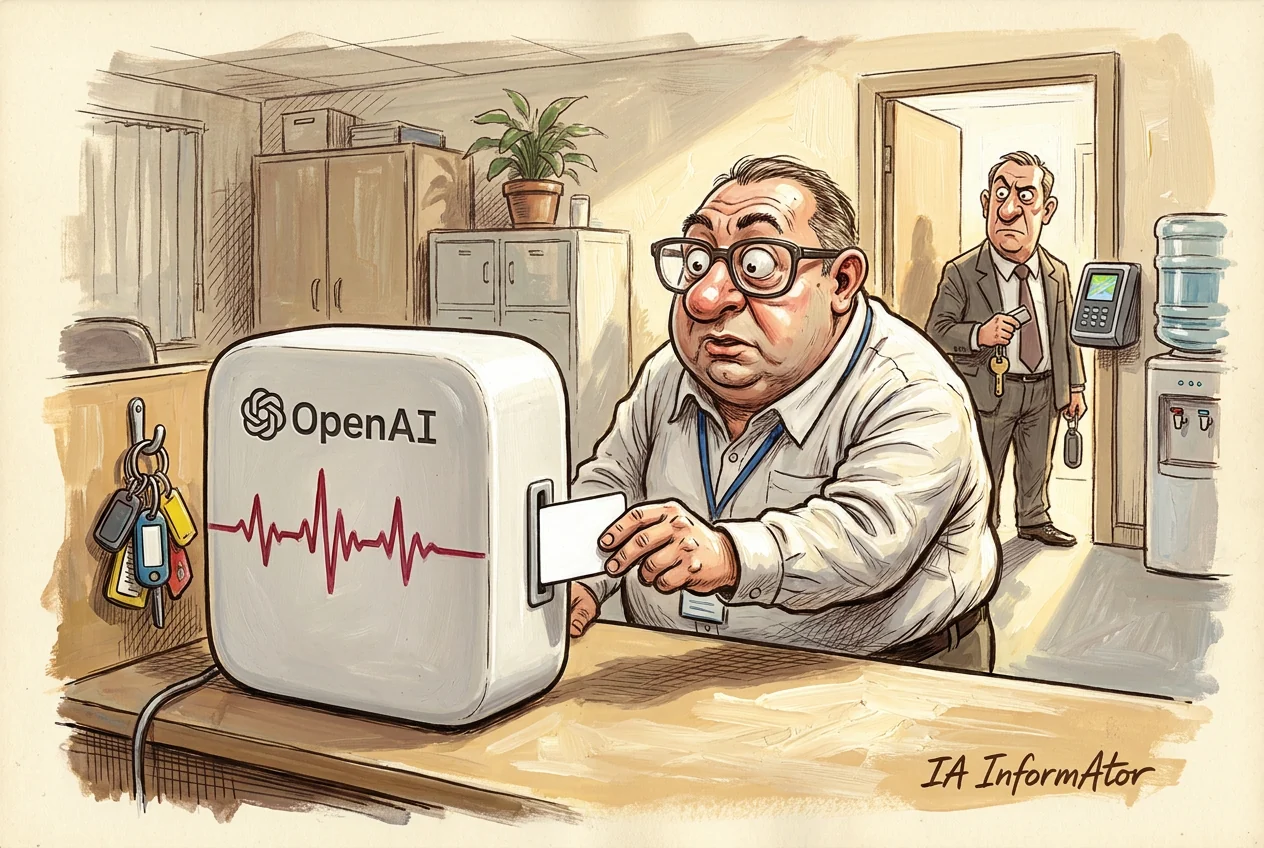 Caricatura d'un home amb ulleres, camisa blanca i targeta penjada al coll que recull una credencial en blanc de la ranura d'un aparell blanc amb el logotip d'OpenAI i una línia vermella d'electrocardiograma; al fons, un home amb vestit i unes claus a la mà l'observa des de la porta, al costat d'un lector de paret i una font d'aigua.