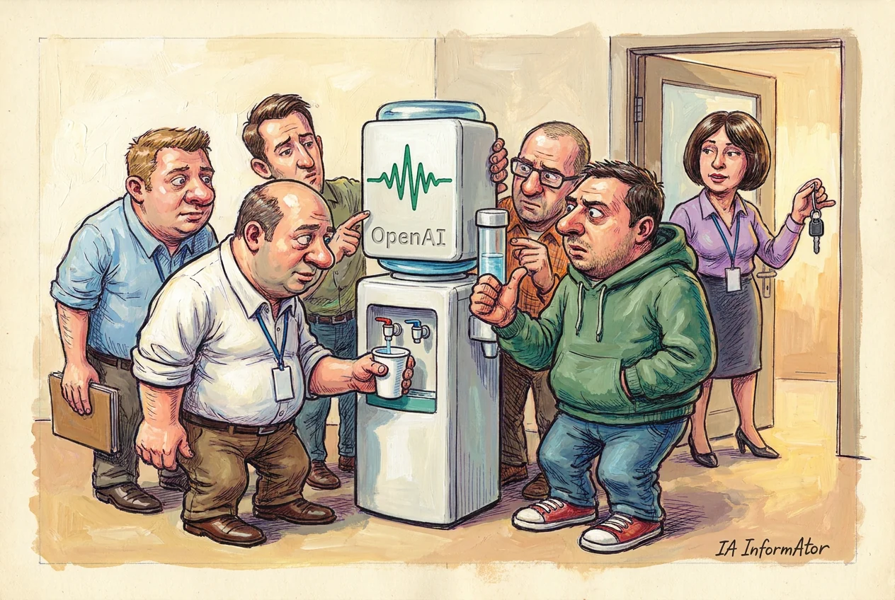 Caricatura de cinco hombres apiñados alrededor de un dispensador de agua blanco rotulado con la palabra OpenAI y una onda verde, uno de ellos llenando un vaso de papel en el grifo y otro señalándolo con el dedo, mientras una mujer con tarjeta identificativa los mira desde la puerta del pasillo con unas llaves en la mano.