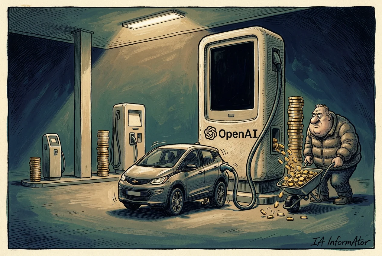 Caricatura d'un cotxe elèctric gris amb l'emblema de Chevrolet endollat a un carregador enorme de pantalla negra i logotip d'OpenAI, del qual ragen monedes d'or que cauen dins el carretó d'un home cepat amb anorac; al fons, en penombra, dos assortidors més petits al costat de columnes de monedes molt més baixes.