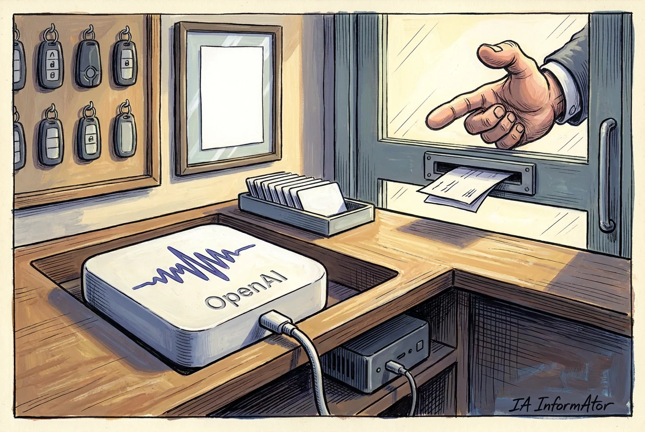 Caricatura de un mostrador de conserjería vacío, con un aparato blanco rotulado OpenAI y una onda azul sobre la madera, un cable que baja a una cajita negra, un panel de llaves de coche colgadas detrás y, tras el cristal de la puerta, una mano gigante de traje que señala sobre la ranura por la que asoman dos papeles.