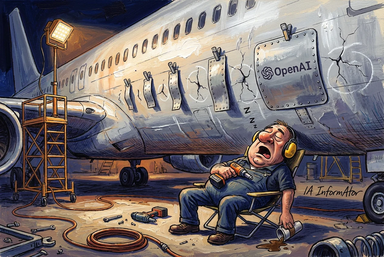 Caricatura de un mecánico dormido con la boca abierta en una silla plegable, con orejeras amarillas y un taladro sobre la barriga, junto a una taza volcada; detrás, el fuselaje de un avión lleno de grietas marcadas con tiza y remendado con parches remachados, el mayor con el logotipo de OpenAI, y un foco de obra encendido.