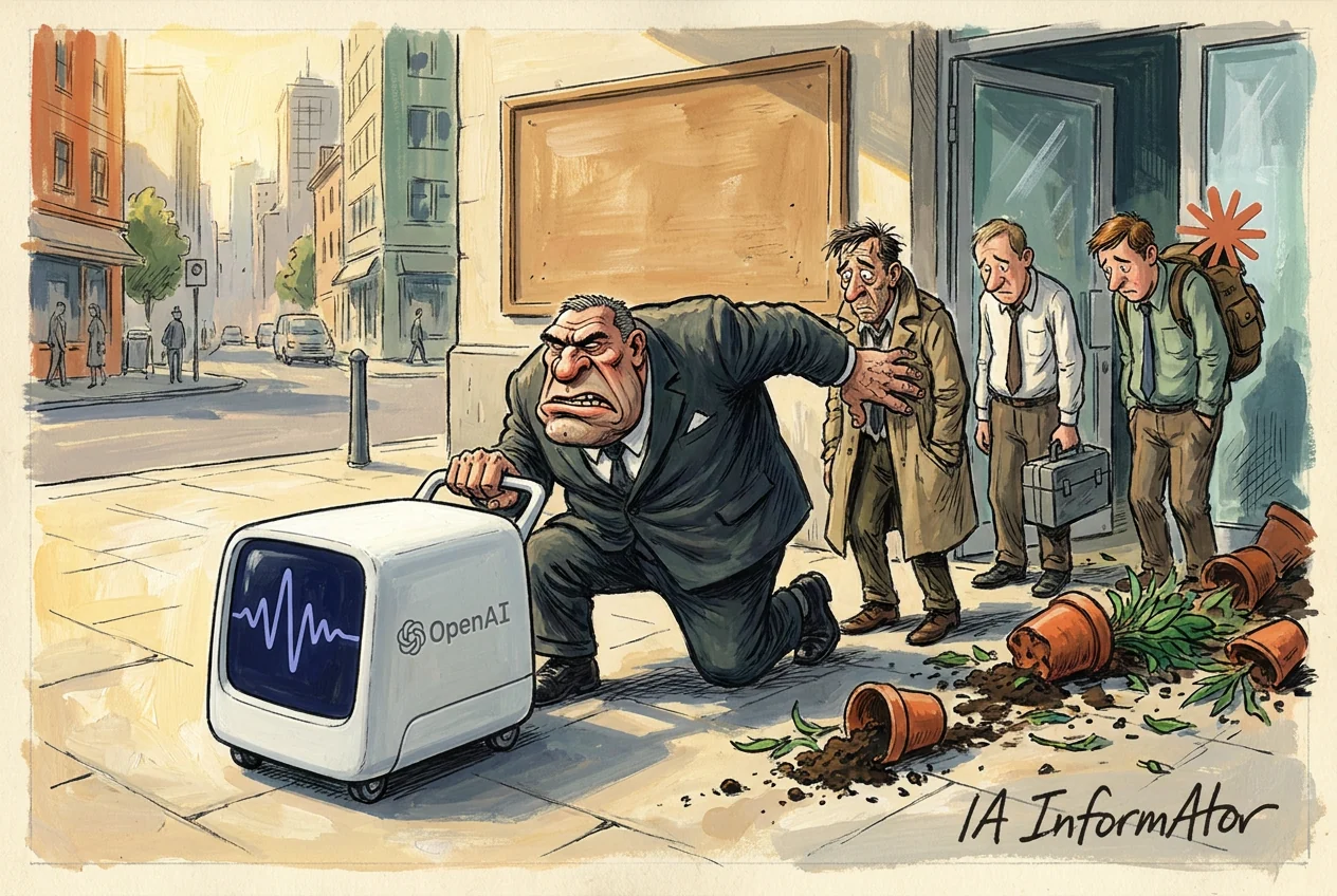 Caricatura de un hombre trajeado y ceñudo, arrodillado en la acera, que agarra por el asa un carrito robot blanco con ruedas, el logotipo de OpenAI y una onda azul en la pantalla; detrás, tres hombres cabizbajos junto a una puerta con el asterisco naranja de Anthropic y varias macetas volcadas con la tierra esparcida.