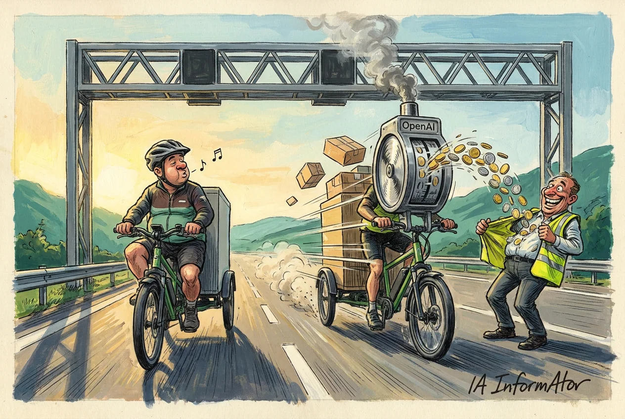 Caricatura de dos ciclistes en una carretera sota un pòrtic metàl·lic: un pedala a poc a poc i xiulant amb un remolc de càrrega, i l'altre l'avança a tota velocitat arrossegant una pila de caixes, amb un aparell cromat tipus parquímetre retolat OpenAI que treu fum i escup una pluja de monedes que recull un operari amb armilla reflectant.