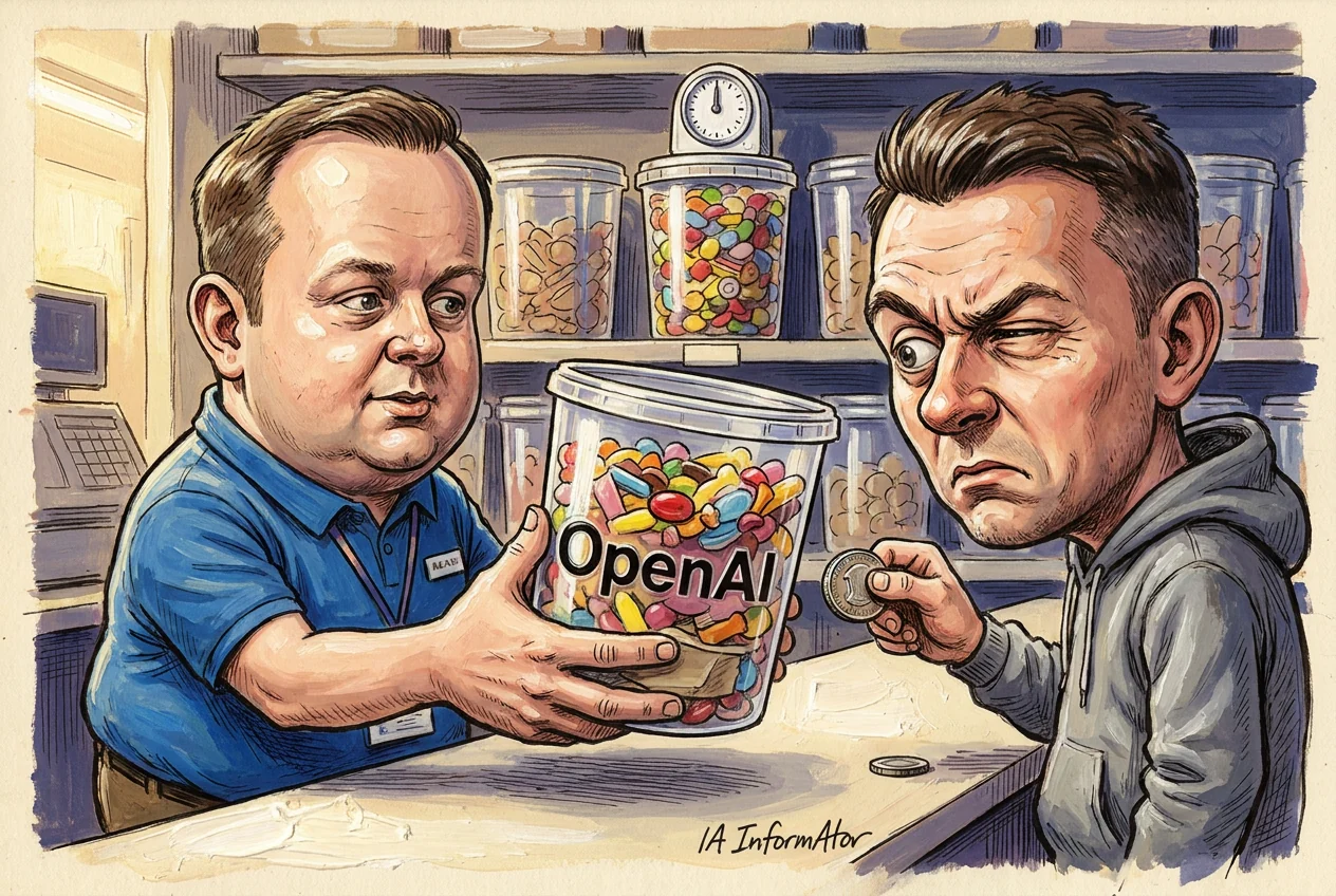 Caricatura d'un dependent corpulent amb polo blau i targeta identificativa que allarga damunt del taulell un pot transparent ple de caramels de colors amb la paraula OpenAI impresa, mentre al davant un home amb dessuadora grisa arrufa les celles i aixeca una moneda; al fons, prestatges amb més pots i un rellotge de paret.