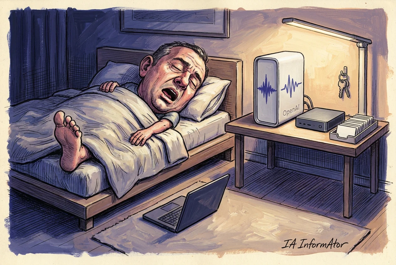 Caricatura d'un home adormit de panxa enlaire en un llit, amb la boca oberta i un peu fora de l'edredó, mentre a la tauleta de nit un aparell blanc vertical amb el nom d'OpenAI mostra dues ones sonores blaves a la pantalla, al costat d'una caixa negra i un fitxer de targetes; a terra, un portàtil obert.