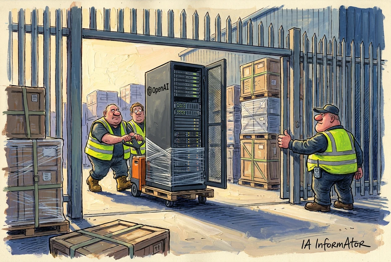 Caricatura de dos operaris amb armilla reflectant que empenyen un transpalet taronja carregat amb un armari de servidors negre, embolicat amb plàstic i amb el logotip d'OpenAI a la porta; un tercer operari amb gorra aguanta oberta la reixa metàl·lica mentre al voltant s'apilen palets i caixes de fusta lligades amb cintes.