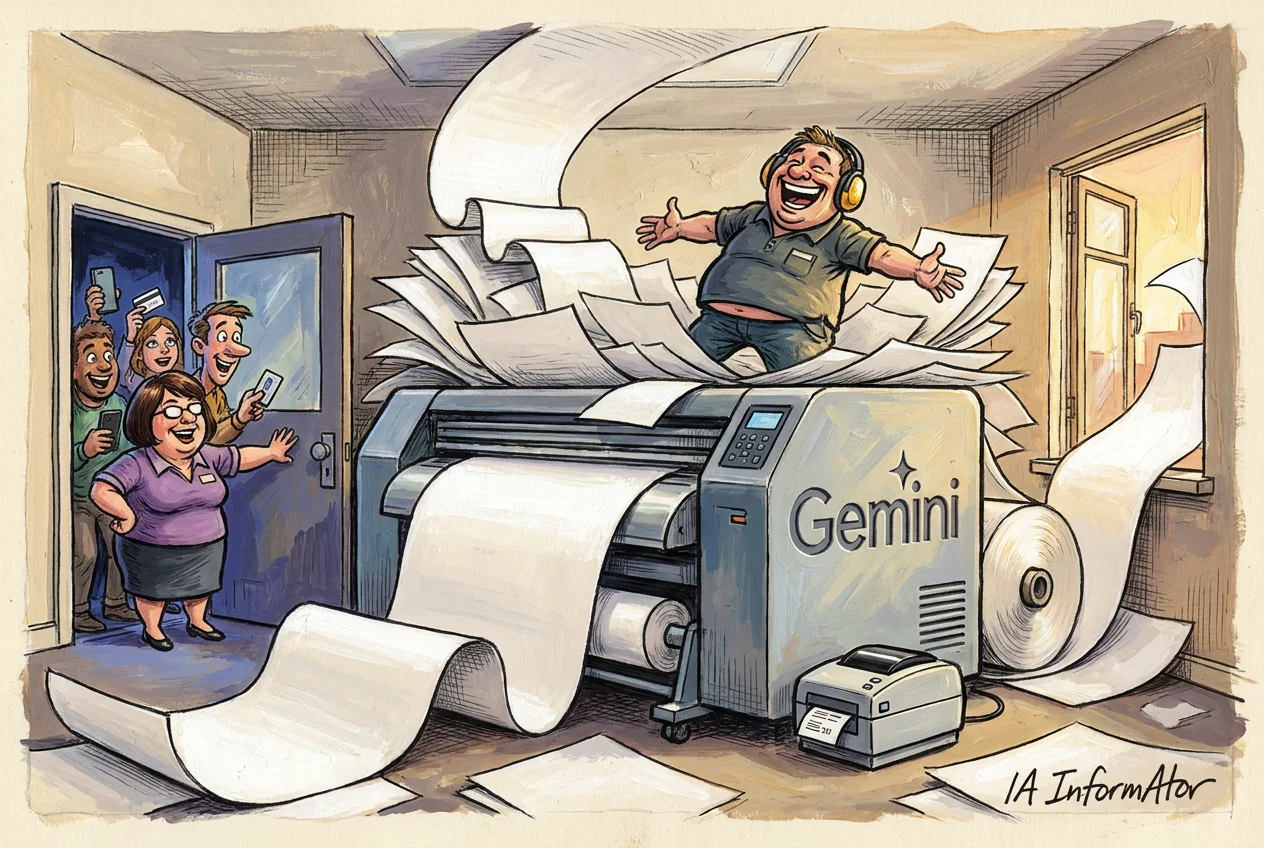 Caricatura d'una impremta industrial amb el rètol de Gemini i una estrella de quatre puntes que escup sense parar rotlles i rotlles de paper; a sobre, un home amb auriculars grocs riu amb els braços oberts damunt la pila, mentre quatre persones treuen el cap amb els mòbils per la porta blava i el paper cobreix el terra.