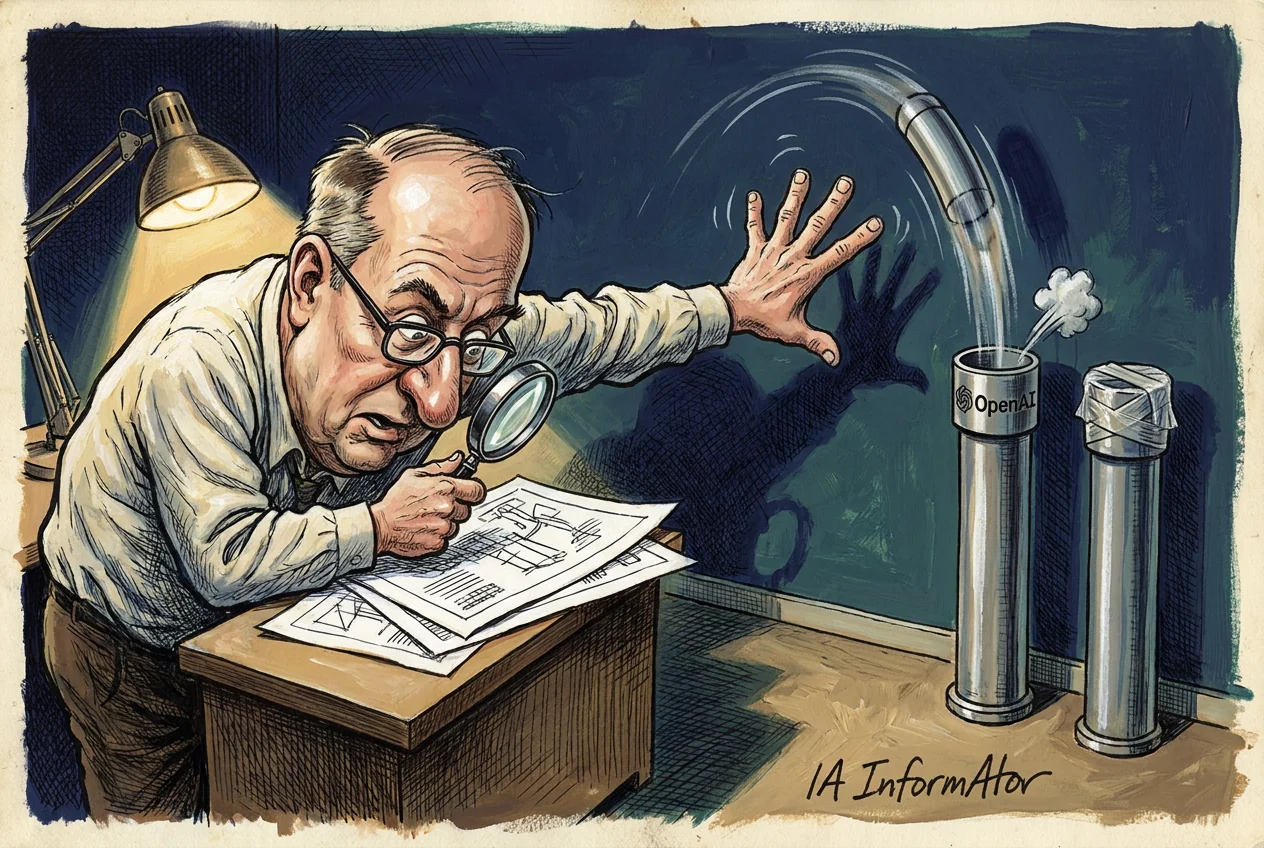 Caricatura d'un home gran, calb i amb ulleres rodones, que examina amb una lupa uns plànols estesos sobre un escriptori de fusta sota un flexo, mentre estira l'altre braç cap a dos tubs metàl·lics verticals: un d'obert, amb el logotip d'OpenAI i un núvol de vapor que en surt, i l'altre precintat amb cinta adhesiva.