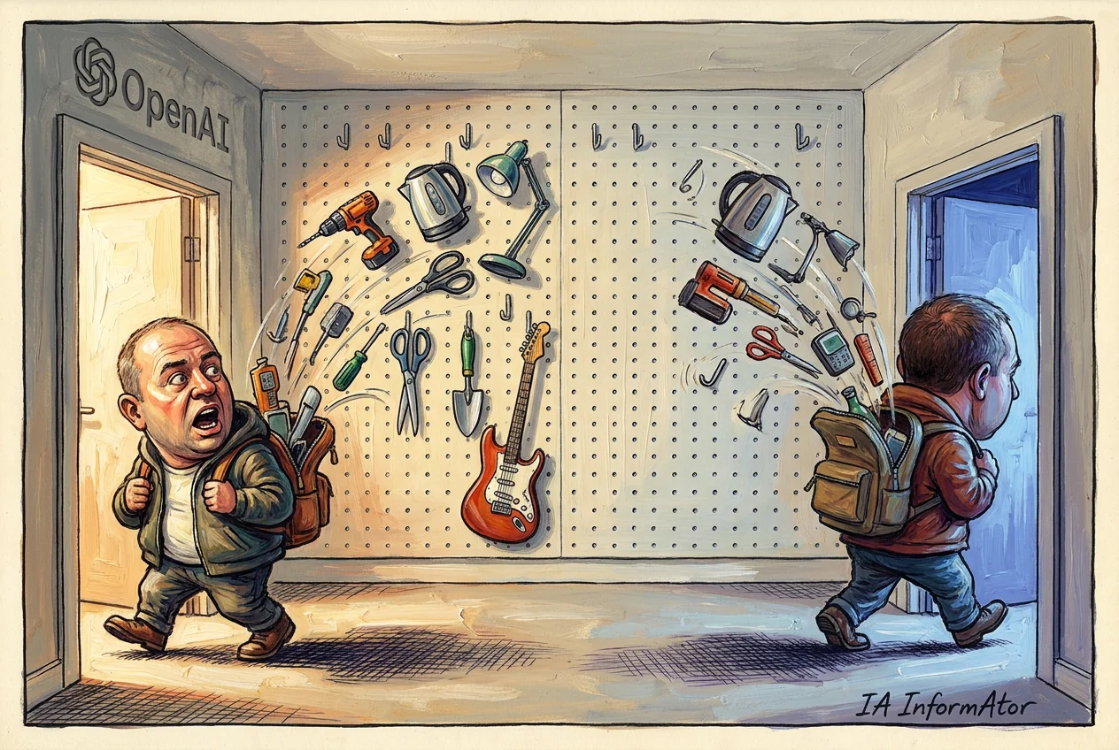 Caricatura de un hombre con cara de susto que entra por una puerta bajo un cartel con el logotipo de OpenAI, con el cinturón de herramientas lleno, mientras taladro, hervidor, flexo, tijeras, destornilladores y una guitarra eléctrica vuelan en arco sobre un panel perforado hasta la mochila de otro hombre que sale de espaldas por una puerta azulada.