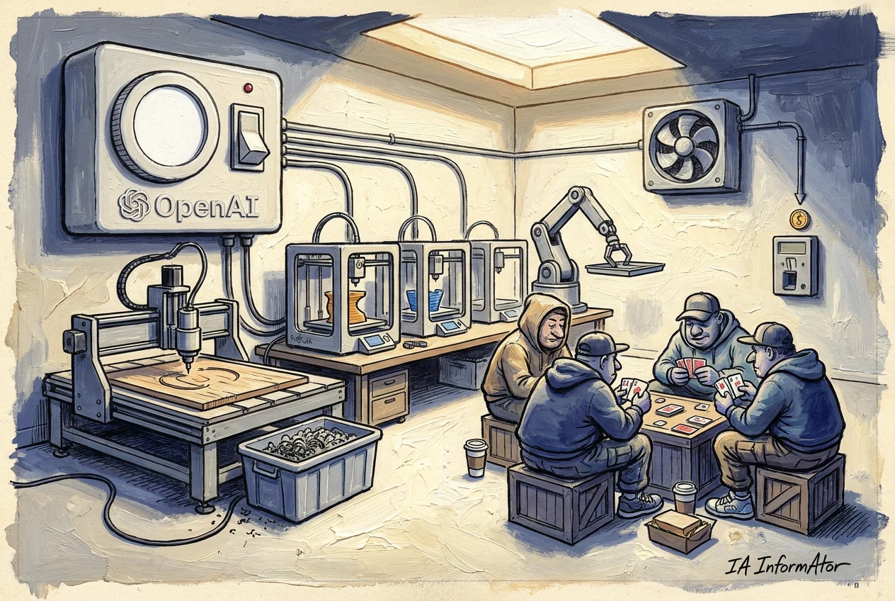 Caricatura de quatre homes amb dessuadora i gorra asseguts en caixes de fusta que juguen a cartes en un taller, amb gots de cafè a terra, mentre a la seva esquena funcionen una fresadora de control numèric, diverses impressores 3D i un braç robòtic, sota un quadre gris amb el logotip d'OpenAI.