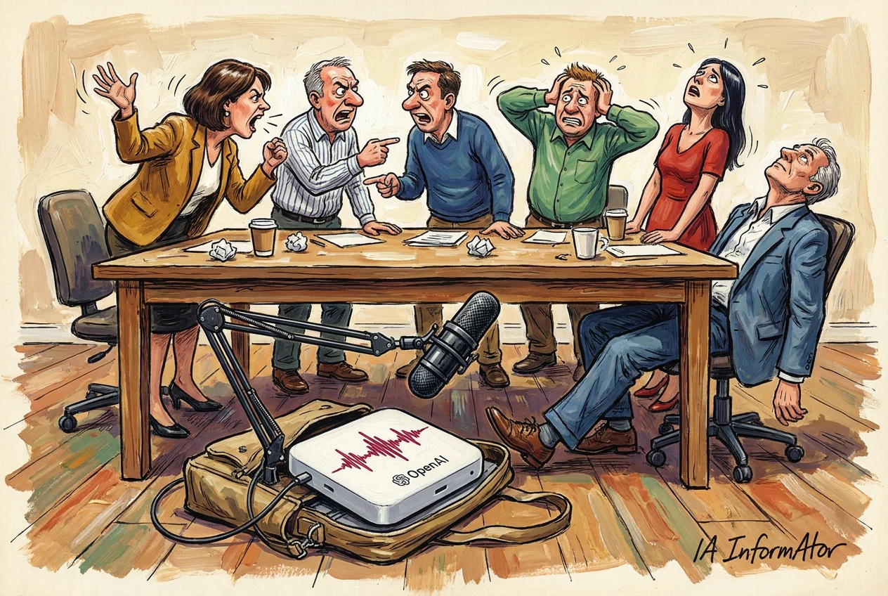 Caricatura de sis persones que discuteixen a crits al voltant d'una taula, assenyalant-se amb el dit o amb les mans al cap, entre papers rebregats i gots de cafè; sota la taula, damunt d'una bossa de lona, un micròfon de braç i una caixa blanca amb el logotip d'OpenAI i una ona vermella ho graven tot.