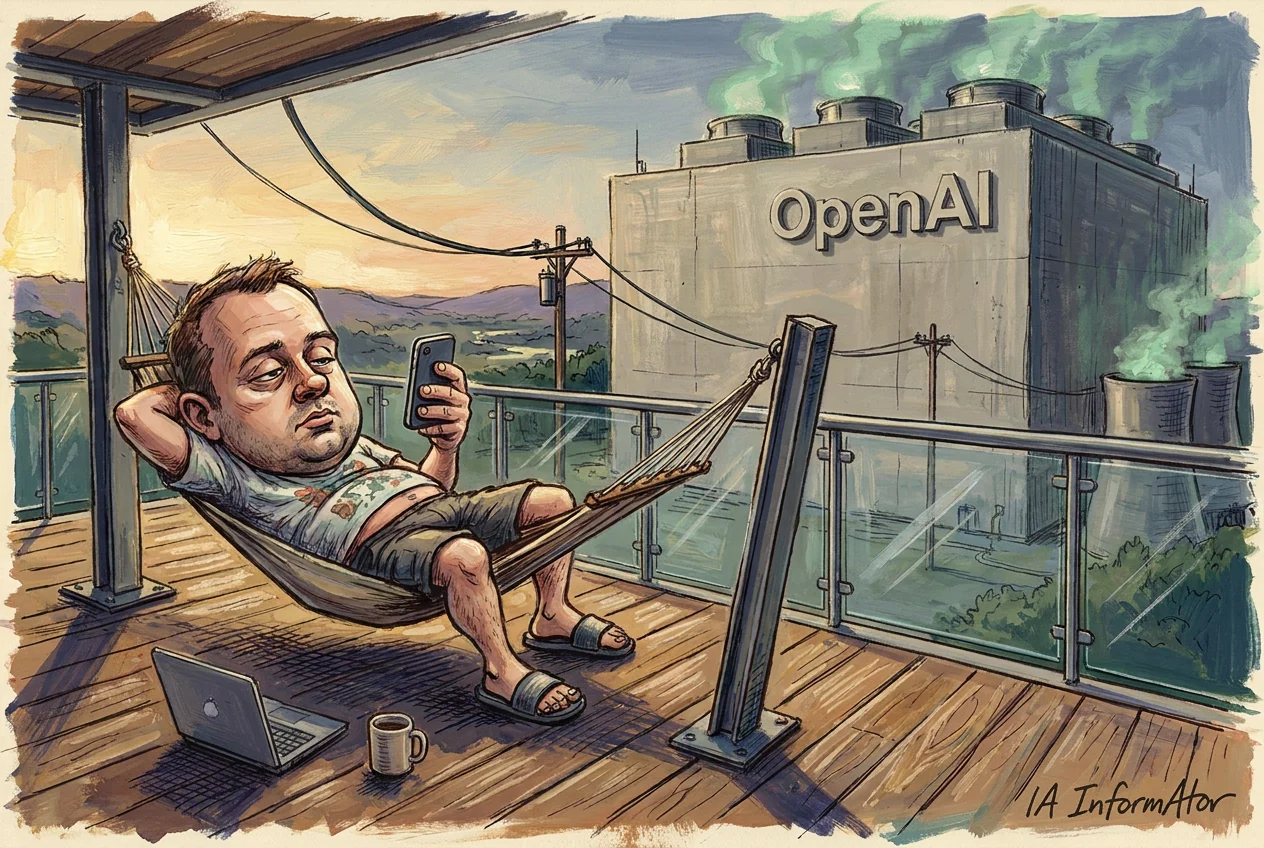 Caricatura de un hombre tumbado en una hamaca, en bermudas y chanclas, con una mano tras la nuca y la otra sosteniendo el móvil, en una terraza de madera con barandilla de cristal; en el suelo, un portátil con el logotipo de Apple y una taza, y al fondo una nave de hormigón rotulada OpenAI que echa vapor verdoso.