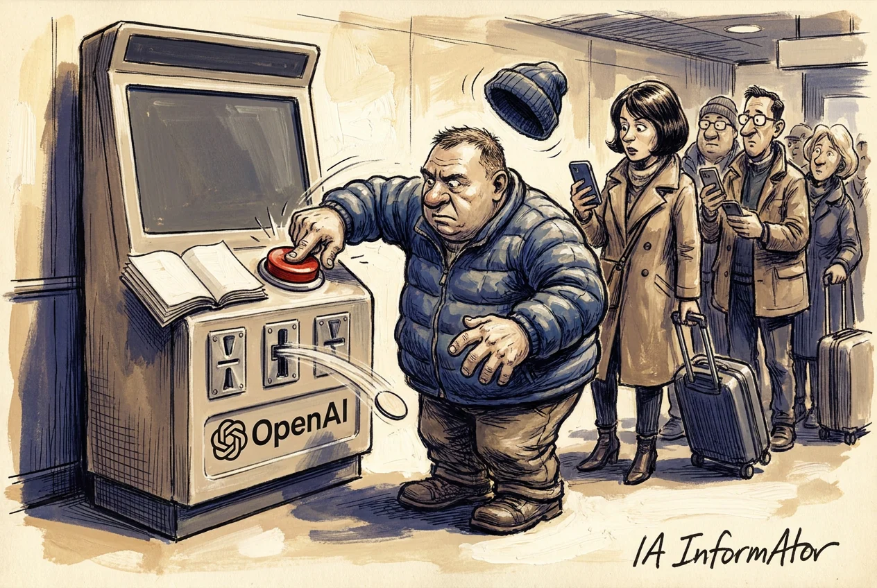 Caricatura d'un home corpulent amb plomífer blau que s'inclina per esclafar un gran botó vermell en una màquina grisa amb la pantalla apagada, un llibre obert i el logotip d'OpenAI al frontal; una moneda surt disparada per la ranura, el seu gorro de llana vola i al darrere espera una cua de viatgers amb maletes i mòbils.