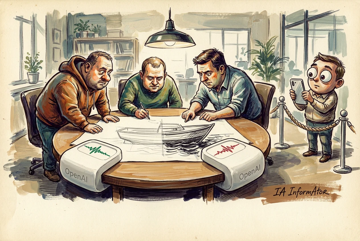 Caricatura de tres hombres inclinados sobre una mesa redonda blanca con una barca dibujada a lápiz y dos módulos rotulados OpenAI encajados en el borde, uno con una línea verde y otro con una roja, mientras una cuarta persona de ojos saltones mira su móvil tras un cordón de cuerda, en una oficina con plantas y lámpara colgante.