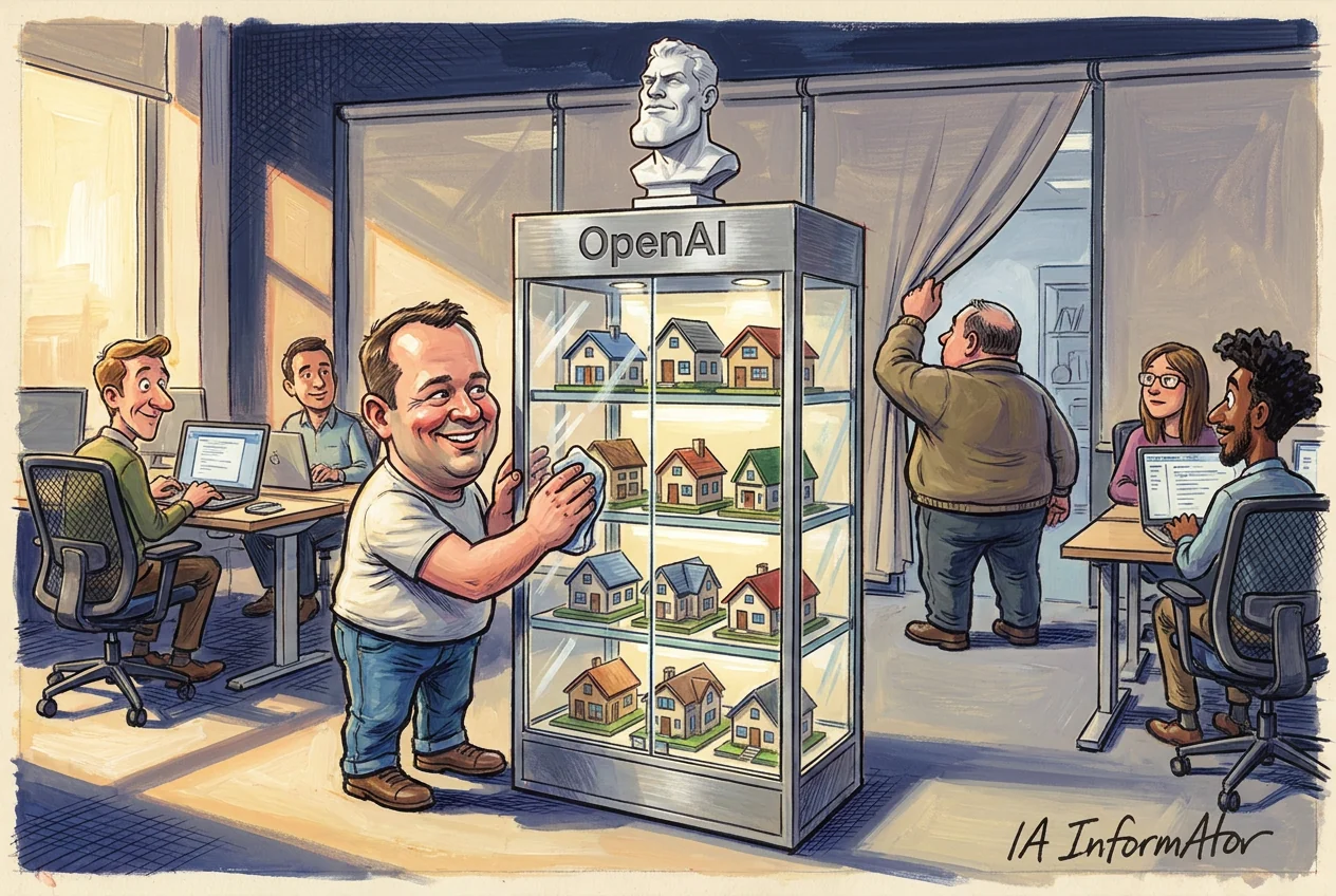 Caricatura d'un home somrient en samarreta blanca que treu llustre amb un drap al vidre d'una vitrina il·luminada amb el rètol d'OpenAI, plena de casetes de maqueta en quatre prestatges i coronada per un bust de marbre de posat sever, en una oficina on diversos companys teclegen i un altre descorre una cortina.