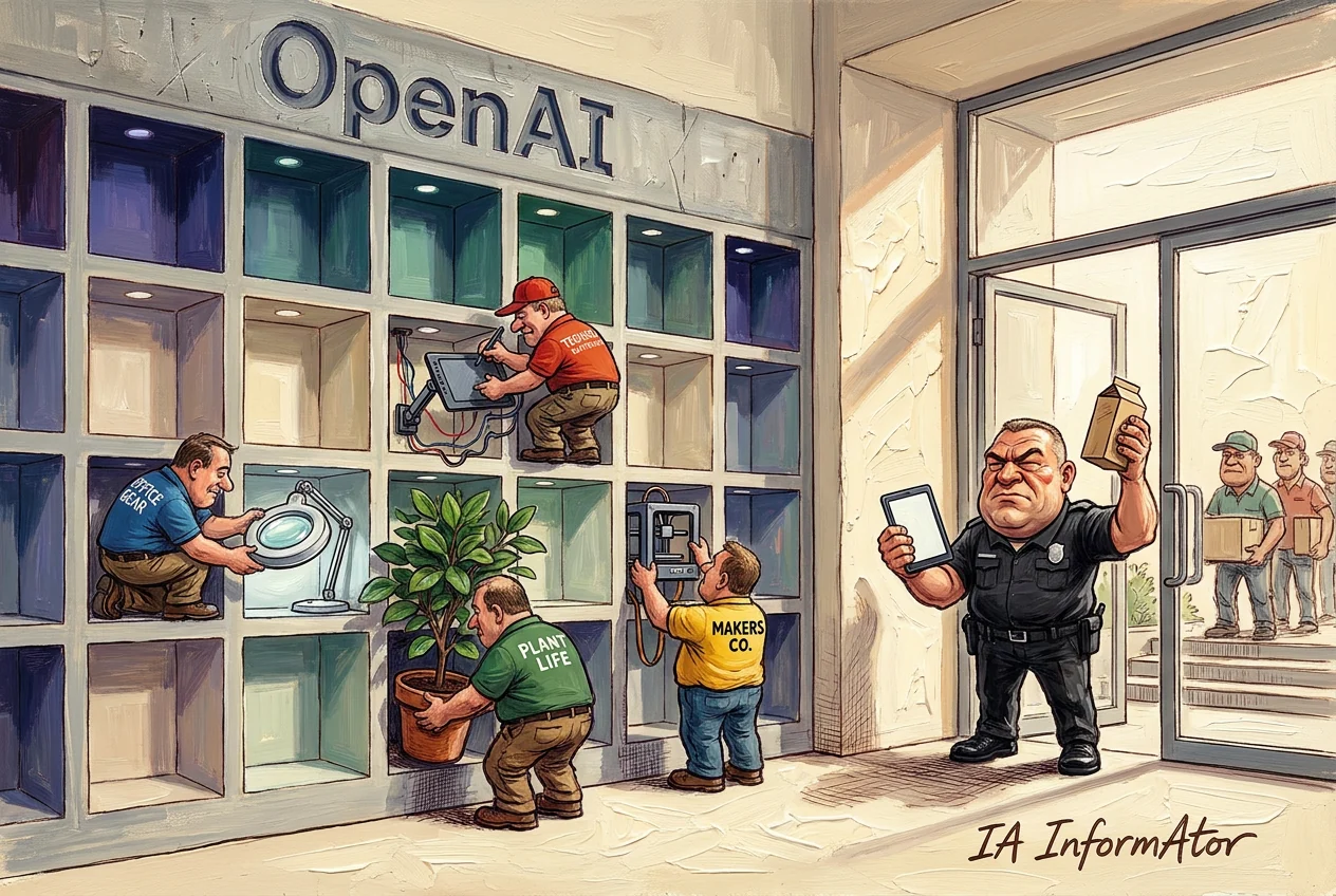 Caricatura de quatre operaris amb polos de colors que encaixen objectes en una paret de fornícules sota un gran rètol d'OpenAI —un llum amb lupa, una tauleta articulada, una planta en test—, mentre un guàrdia de seguretat corpulent bloqueja la porta de vidre amb una tauleta i una caixa a les mans, davant de diversos homes que esperen fora.