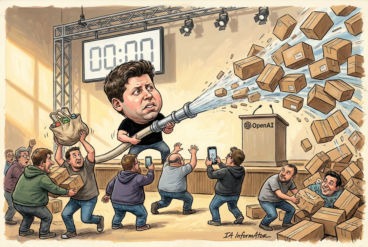 Caricatura de un hombre de cabeza enorme y camiseta negra, suspendido sobre un escenario, que sujeta una manguera de bombero de la que salen a chorro decenas de cajas de cartón mientras varios asistentes corren debajo para atraparlas, algunos con el móvil en alto; al fondo, un atril con el logotipo de OpenAI y una torre de focos.
