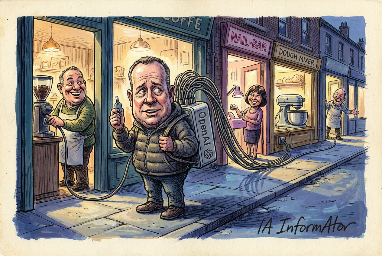 Caricatura d'un home amb anorac de plomes plantat enmig d'un carrer, que duu a l'esquena un dipòsit metàl·lic amb el logotip d'OpenAI del qual surt un feix de mànegues grises cap als comerços veïns; sosté un broquet i, als portals, un botiguer amb davantal, una dona i un altre comerciant somriuen connectats als cables.