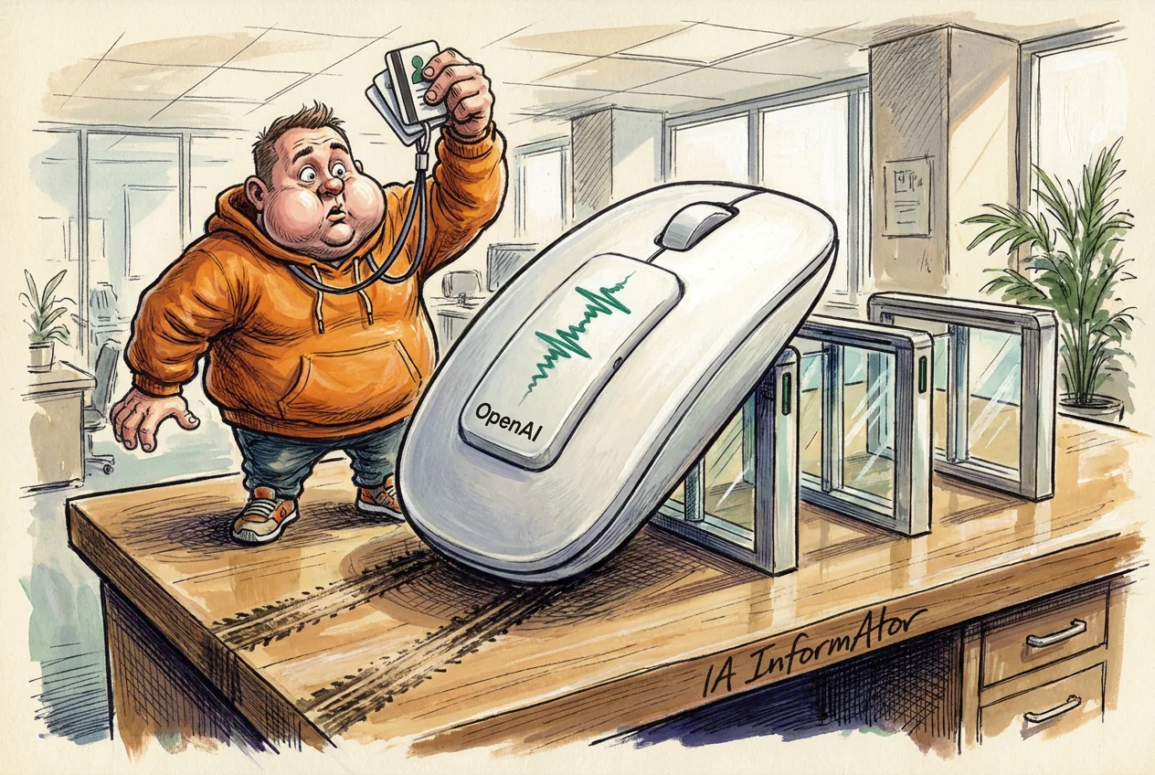 Caricatura de un hombre con sudadera naranja, de pie sobre un mostrador de madera, que levanta una tarjeta de acceso colgada de un cordón mientras a su lado un ratón de ordenador gigantesco, blanco y con el nombre de OpenAI y una onda verde en el lomo, avanza hacia unos tornos de cristal de una oficina.