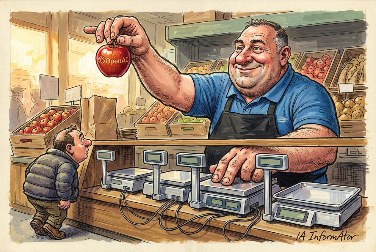 Caricatura de un frutero corpulento de polo azul y delantal negro que, apoyado en el mostrador, sostiene en alto por el rabillo una manzana roja con el logotipo de OpenAI, mientras un cliente bajito con plumífero la mira de cerca desde el otro lado, junto a una hilera de básculas electrónicas y cajas de fruta.