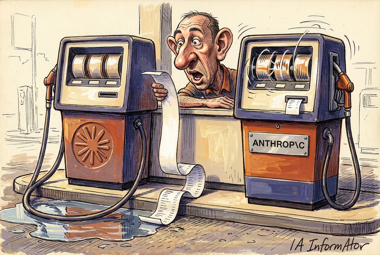 Viñeta: dos surtidores de gasolina gemelos. El de la izquierda, con el destello de Anthropic en relieve sobre el panel naranja, tiene los contadores casi parados, la manguera tendida por el suelo dentro de un charco y un tique larguísimo que cae del dispensador y se riza en el suelo. El de la derecha, con una placa metálica atornillada que dice ANTHROP\C, tiene los rodillos girando a toda velocidad, la manguera colgada y un tique de un palmo. Entre ambos, un empleado se asoma por encima del mostrador con cara de susto.