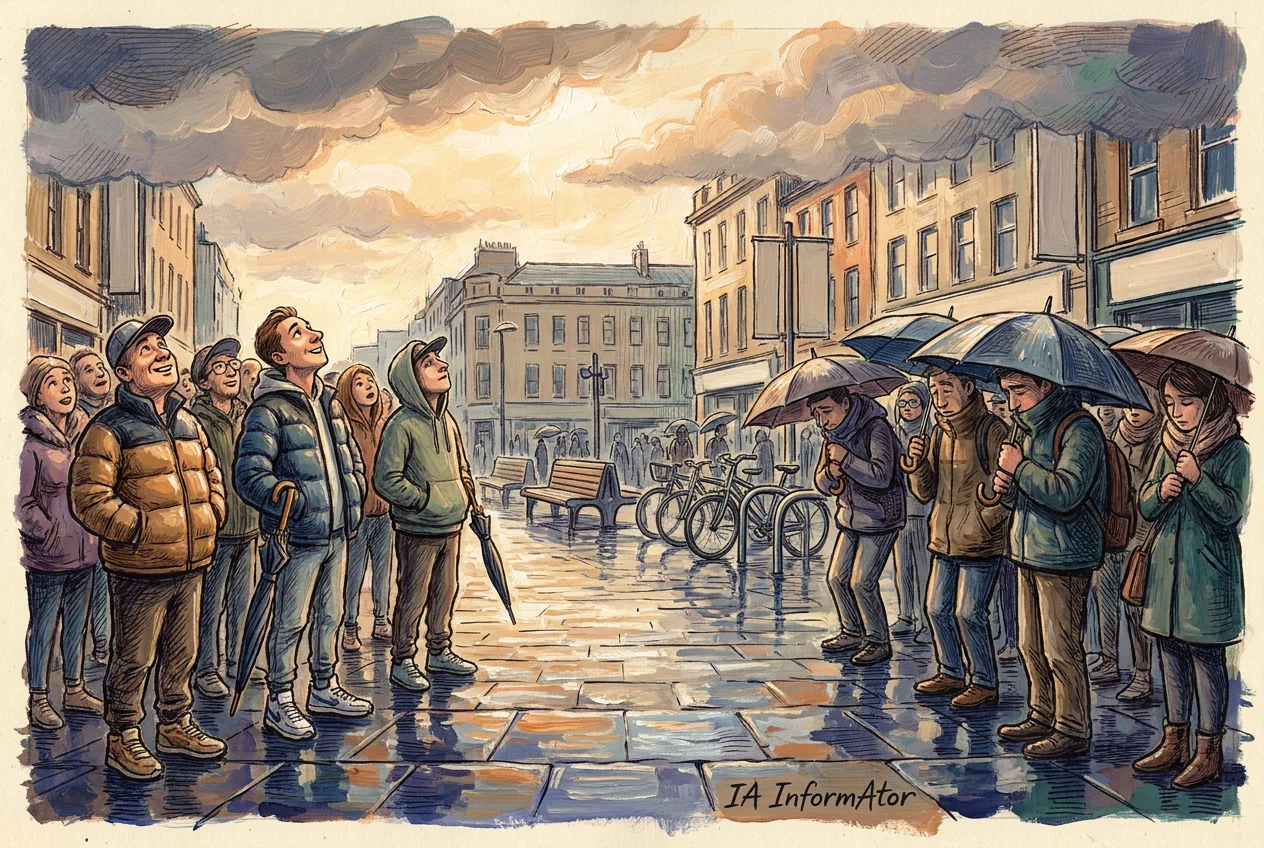 Vinyeta: una mateixa plaça mullada sota un únic cel ennuvolat. A l'esquerra, un grup de gent mira cap amunt amb la cara il·luminada i els paraigües tancats penjant del braç. A la dreta, a la mateixa plaça i sota la mateixa llum, un altre grup camina arraulit sota els paraigües oberts i amb la mirada baixa. Entre els dos, un banc buit i un aparcament de bicicletes.