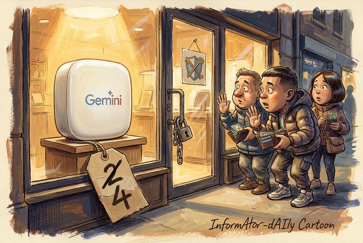 Cartoon of a lit shop window at night in which a white device bearing the Gemini wordmark is displayed on a plinth under a spotlight. An oversized cardboard price tag hangs from the plinth with the 2 struck through and a 4 written underneath. The glass door of the shop is shut with a chain and a padlock, and a card hanging on it carries a shield with a crossed key. Outside on the pavement, three customers with open wallets and banknotes in hand look at the device, unable to get in.
