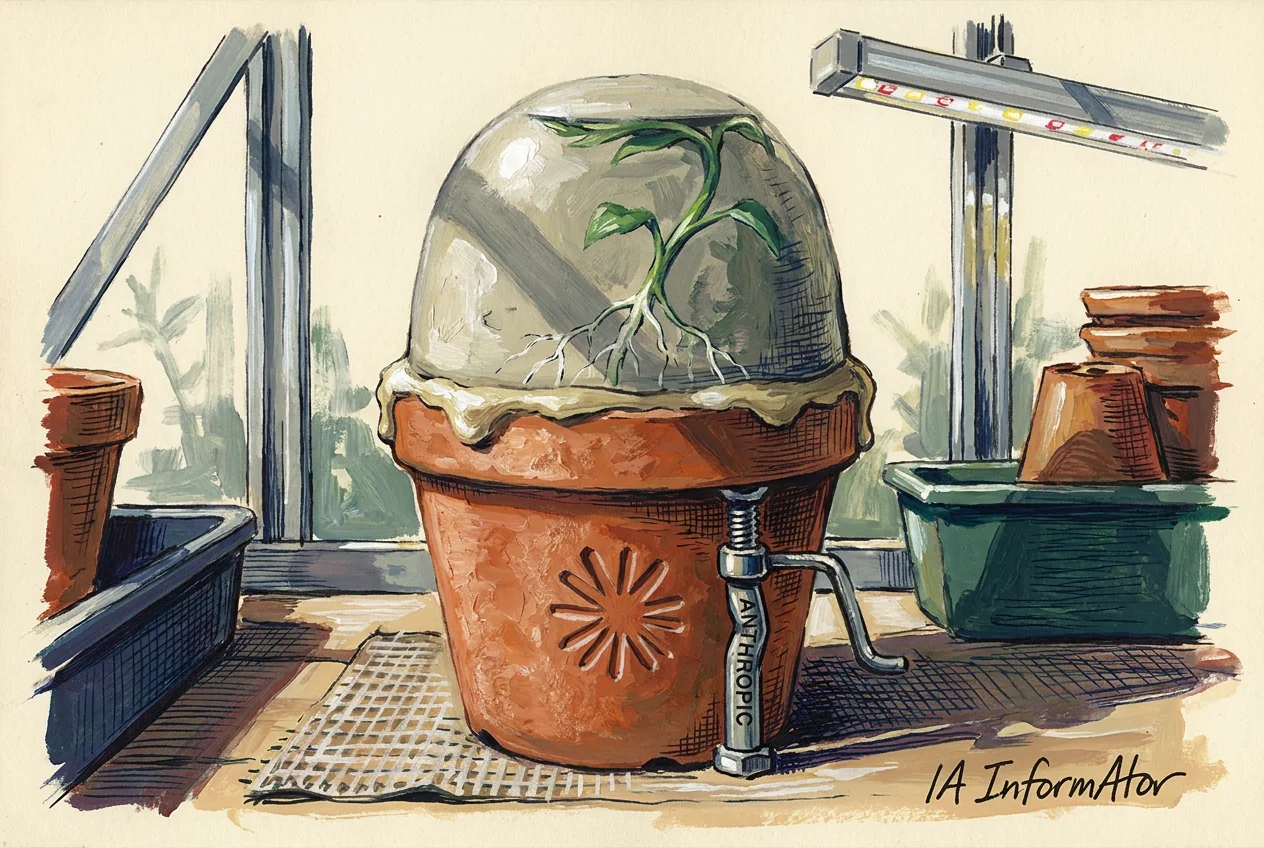 Viñeta: sobre el banco de un invernadero, una maceta de barro con la estrella terracota de Claude impresa en la propia arcilla. Encima, asentada a fondo sobre el borde de la maceta y sellada todo alrededor con un cordón de cera, una campana que cubre por completo una planta joven, con las raíces visibles. Junto a la maceta, un gato de husillo de acero con la palabra ANTHROPIC grabada en el cuerpo. Al fondo, la estructura de aluminio del invernadero y una barra de luz de cultivo.