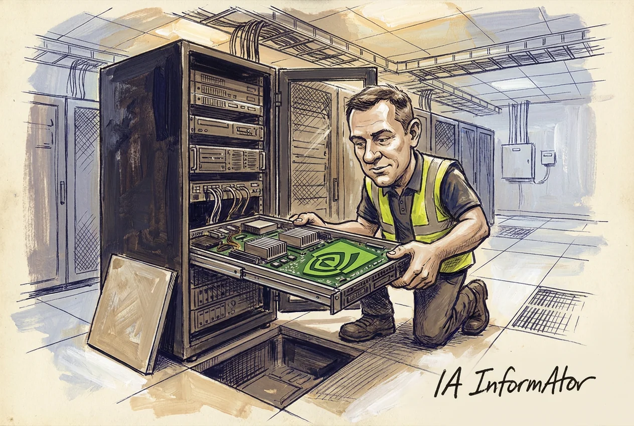 Viñeta: en la sala de máquinas de una empresa, con una baldosa del suelo técnico levantada y apoyada contra el armario, un técnico con chaleco reflectante está arrodillado y sostiene con las dos manos una bandeja de cómputo medio sacada de un armario abierto. La placa verde de la bandeja lleva el ojo de Nvidia litografiado en grande, entre disipadores y conectores. Alrededor, la hilera de armarios y las bandejas de cable del techo.